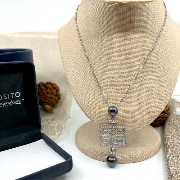 Diamonique Jewelry - Joseph Esposito 925 Diamonique Necklace with Black Cultured Pearls – 18-20"